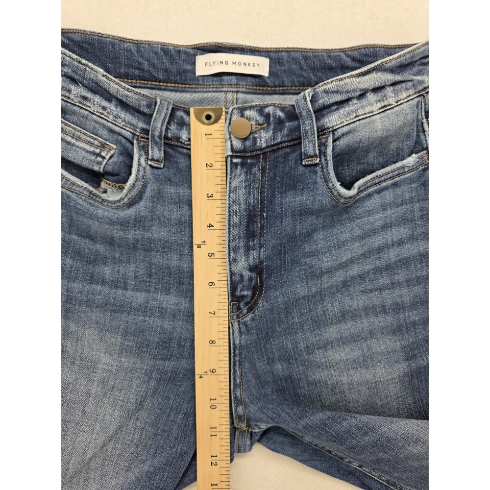 Flying Monkey Jeans Womens 29x32 High Rise Super Flare Blue Distressed Raw Hem - Picture 5 of 11